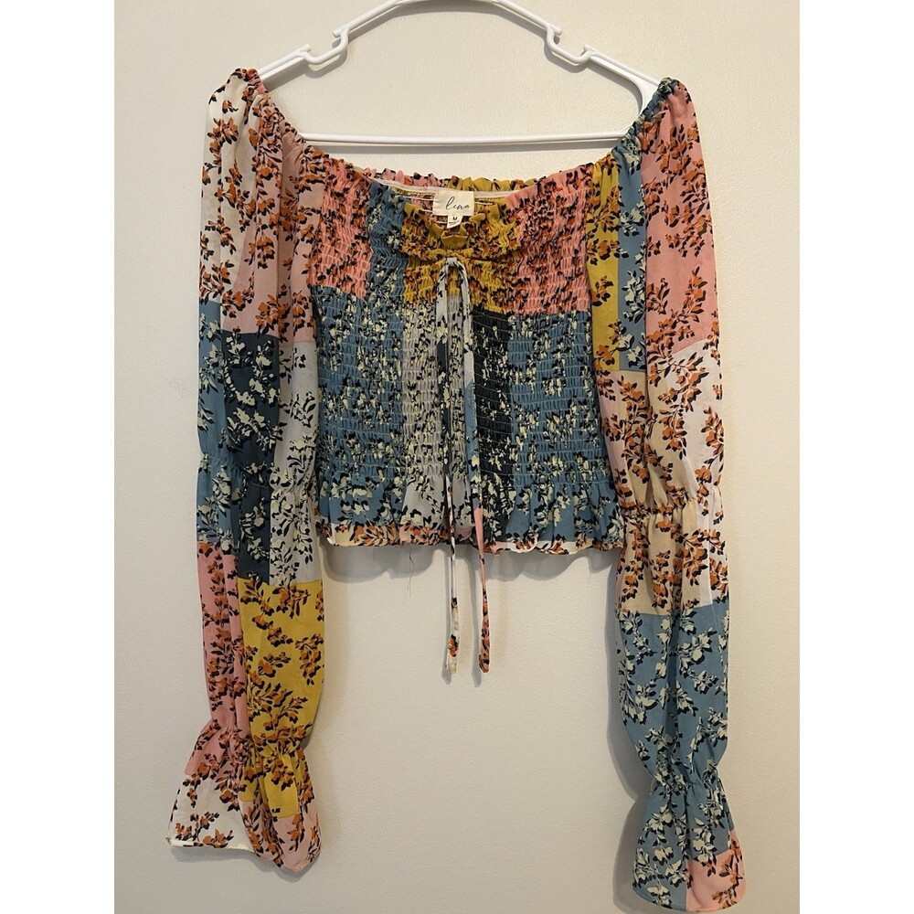 Lena Women’s Size Medium Puff Sleeve Patchwork Floral Blouse